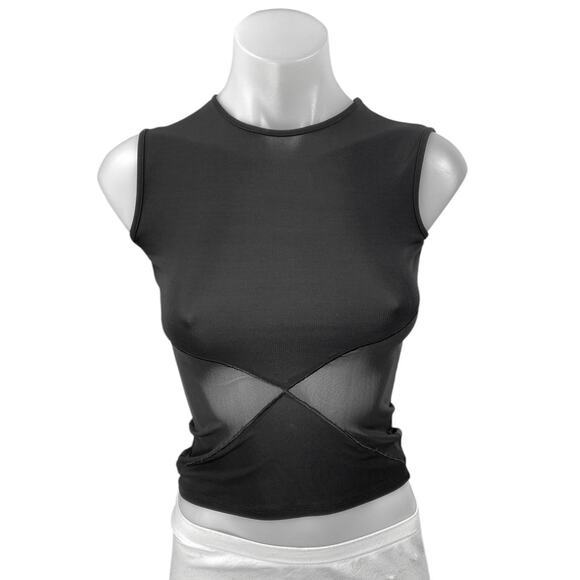 Miaou Women's Black Sleeveless High Neck Cutout Sheer Mesh Crop Tank Top Sz XXS - Picture 1 of 4